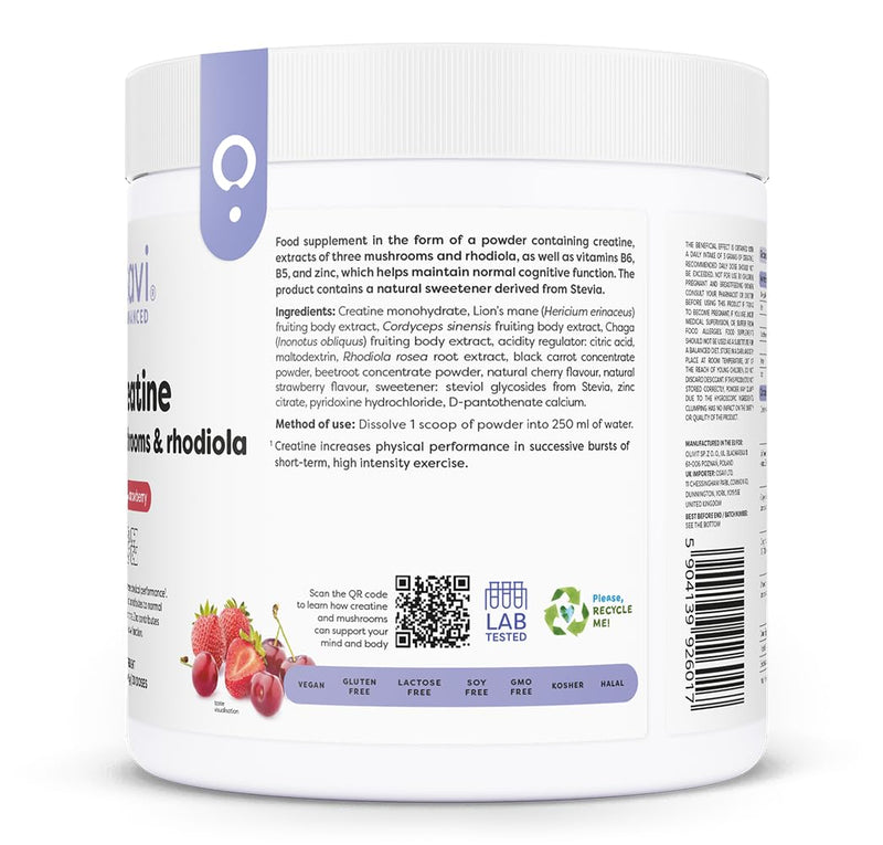 Osavi Creatine + Mushrooms & Rhodiola – 300 g Powder | Cherry & Strawberry | with Lion’s Mane, Cordyceps & Chaga | Increases Performance in Short Bursts of high Intensity Exercise | B6, B5, Zinc