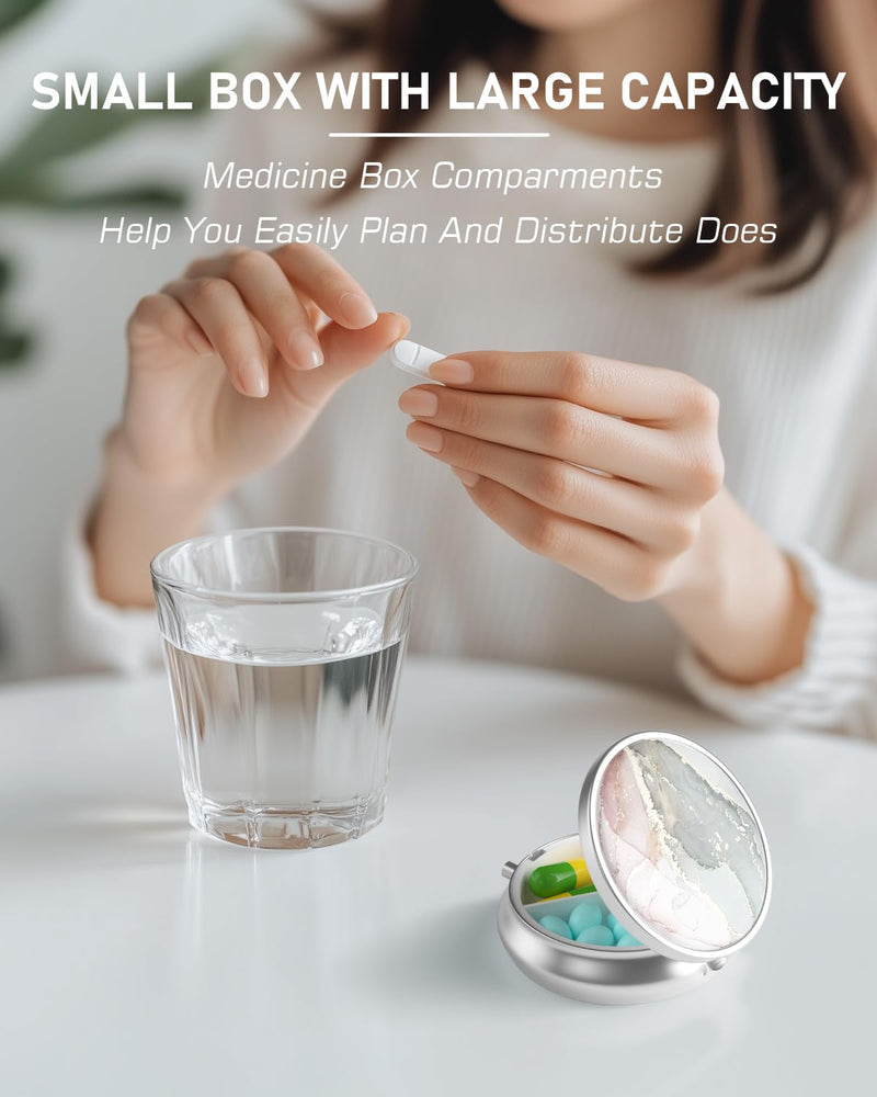 Pill Box, 3 Compartment Portable Travel Medicine Box with Mirror | Compact and Cute, Fits in Purse and Pocket, Medicine and Vitamin Organizer, Grey Pink Marble