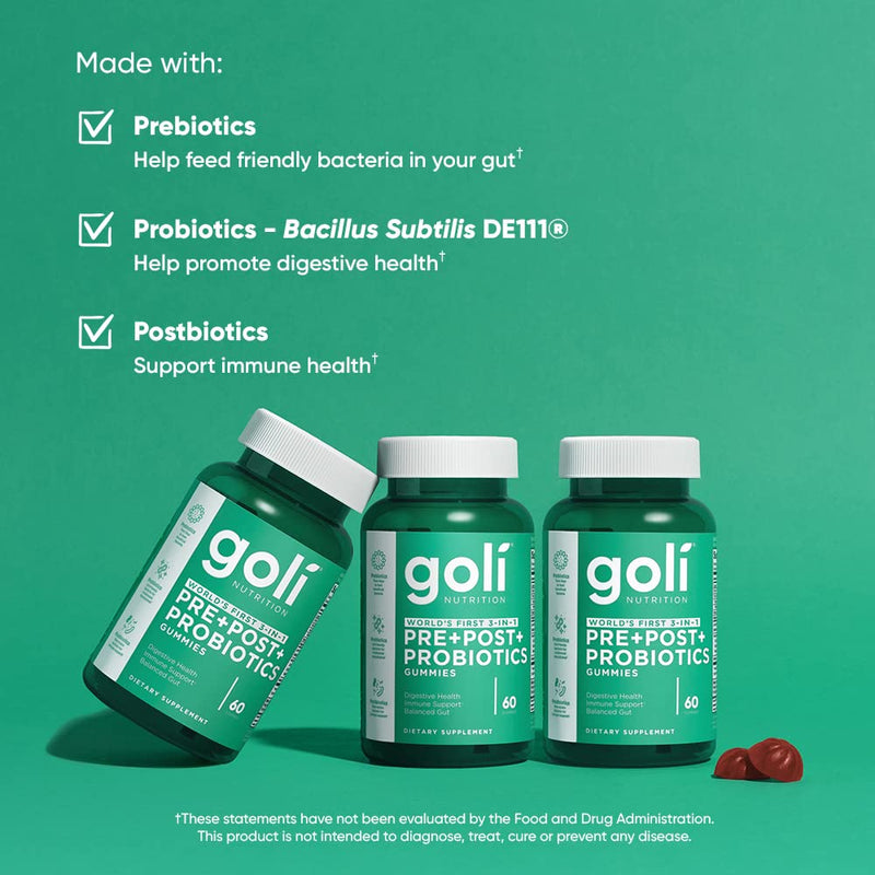 [Australia] - Goli Nutritional Supplement, Pre+Post+Probiotics Gummy - 60 Count - World's First 3-in-1 Gluten-Free, Vegan, Non-GMO, and Gelatin-Free. Watermelon 60 Count (Pack of 1) 