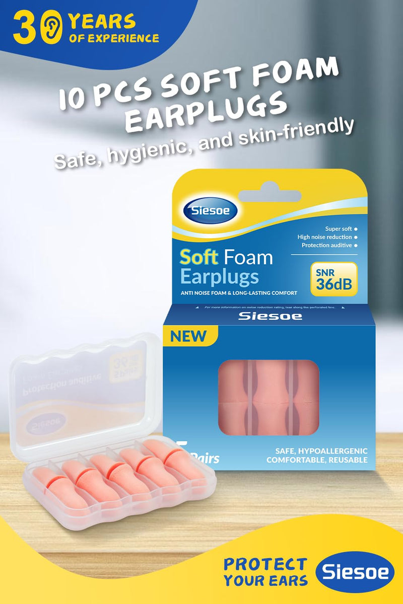 [Australia] - Siesoe 2025 Earplugs for Sleeping Foam, 5 Pairs, Streamlined Arc Design, 36dB Highest NRR, Comfortable Earplugs for Snoring, Travel, Concerts, Study, Work 