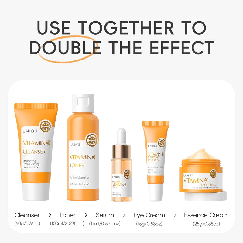 LAIKOU Vitamin C Skin Care, Skin Care Set Beginner Kit TSA-friendly 5pcs | Cleanser, Toner, Serum, Eye Cream, Face Cream for Women Teen Girls Mom Daughter Mother's Day Christmas Birthday
