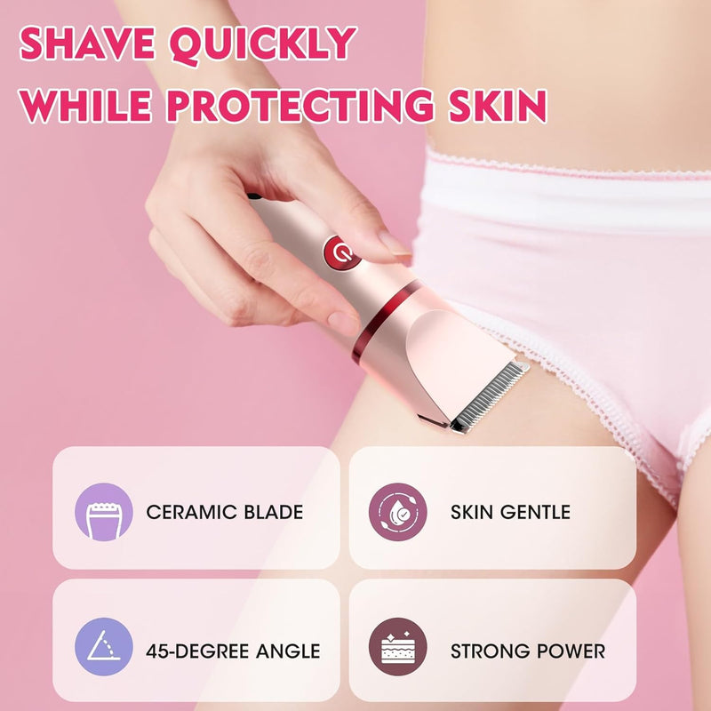 Bikini Trimmer for Women, 3 in 1 Electric Razors for Women, Rechargeable Electric Bikini Shaver, Waterproof Pubic Hair Trimmer and Facial Hair Remover with LED Display Pink