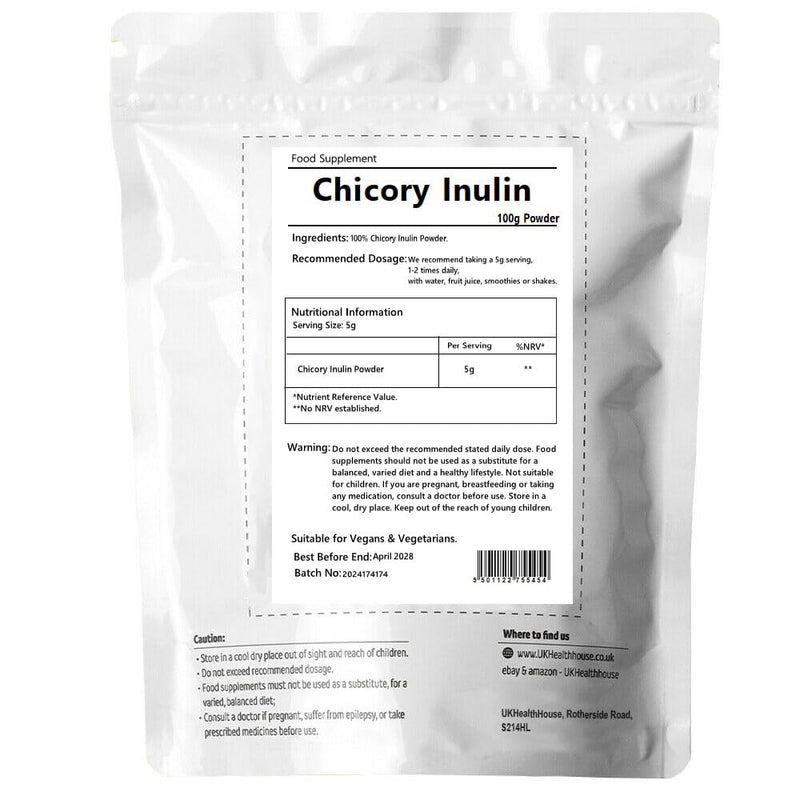 UKHealthHouse Inulin Prebiotic Fibre Powder – 100% Pure Chicory Root Powder Fructo Oligosaccharide (FOS) Supplement | Natural Prebiotic for Gut Health, Digestion & Bloating Support – 100g
