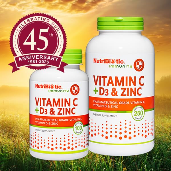 NutriBiotic – Vitamin C + Vitamin D3 & Zinc, 250 Capsules | Potent, Comprehensive Immune Support | Essential & Antioxidant Daily Supplement | Gluten & GMO Free 250 Count (Pack of 1)