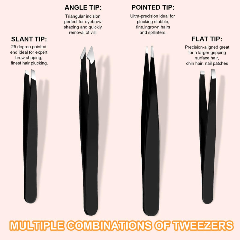 [Australia] - Yougai Tweezers Set,9 Pcs Professional Stainless Steel Tweezer Kit-Great Precision Eyebrow Tweezers for Ingrown Facial Hair with Leather Travel Case as Stocking Stuffing Gifts Black and Red-01 