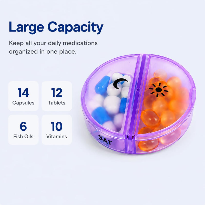 7-Day Travel Pill Organizer, 14 Compartments, Moisture-Proof, Black with Rainbow Lids, AM PM Pill Box for Vitamins, Medication & Supplements