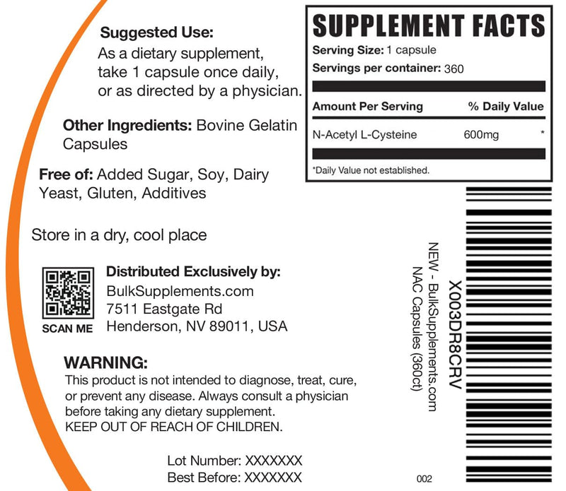 [Australia] - BulkSupplements.com N-Acetyl L-Cysteine Capsules - N-Acetyl Cysteine 600mg, NAC Supplement - 600mg per Capsule, Gluten Free - 1 NAC Capsule per Serving, 360 Capsules (Pack of 1) 360 Count (Pack of 1) 
