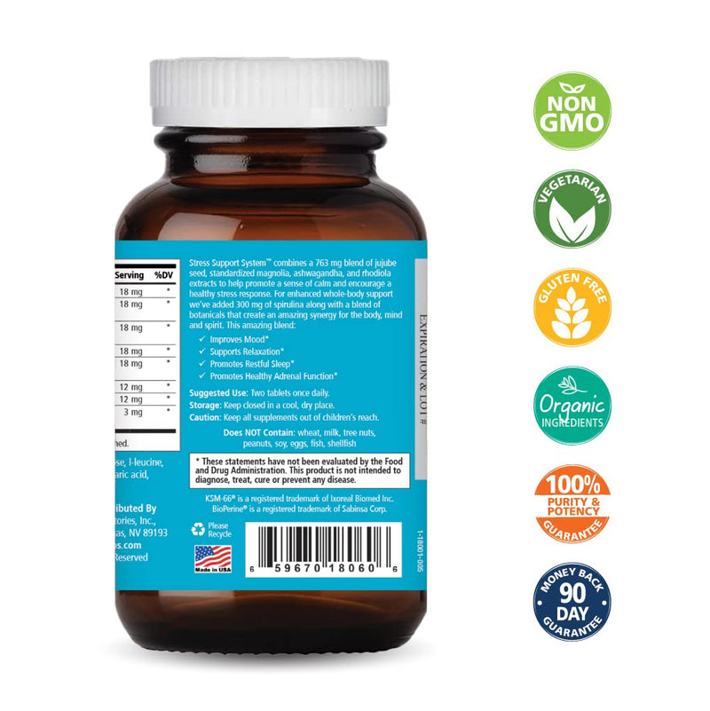 PURE ESSENCE LABS Stress Support System - Best Immune Support - Immunity Booster & Dietary Supplements - Headache & Stress Relief - Gives Natural Calm (60 Tablets)