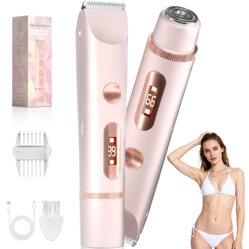 Dual-Head Bikini Trimmer for Women – 2-in-1 Electric Razor, IP67 Waterproof Wet & Dry Pubic Hair Trimmer, Face & Body Shaver with LED% Display, USB-C Rechargeable-X1 Pro Petal Pink