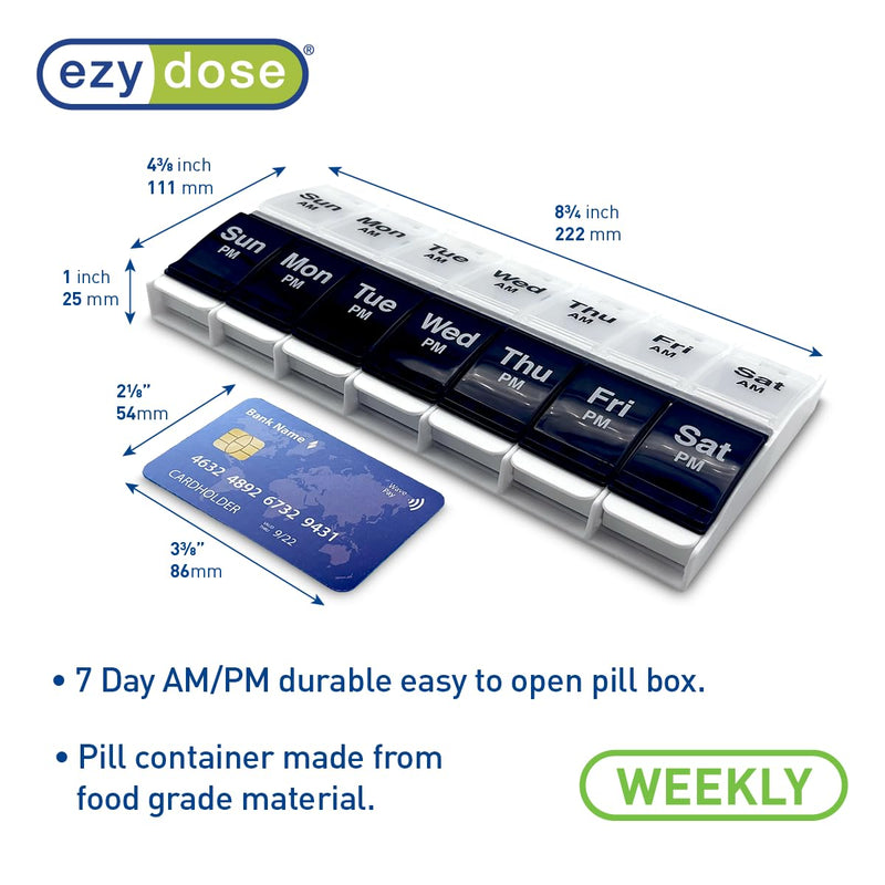 Ezy Dose Weekly (7-Day) AM/PM Pill Organizer, X-Large Case, Black/White | Daily Vitamin Box & Supplement Planner, 2 Times a Day Push Button Compartments, Arthritis-Friendly, Travel-Friendly, BPA-Free Blue/White