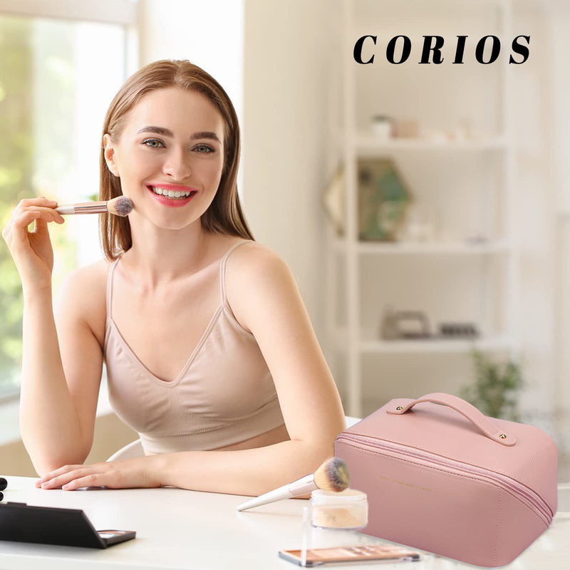 Toiletry Bag For Women Portable Make Up Bag Waterproof Wash Bag PU Leather Cosmetic Bag Bathroom Shower Bag Multifunctional Travel Organizer For Shampoo, Cosmetics, Toiletries Pink L