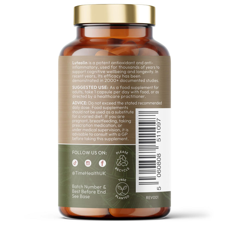 Luteolin - Standardised to 93% Purity - Supports Cognitive Health & Longevity - GMP Standards - UK Made - Vegan - 60 x 100mg Capsules 60 count (Pack of 1)
