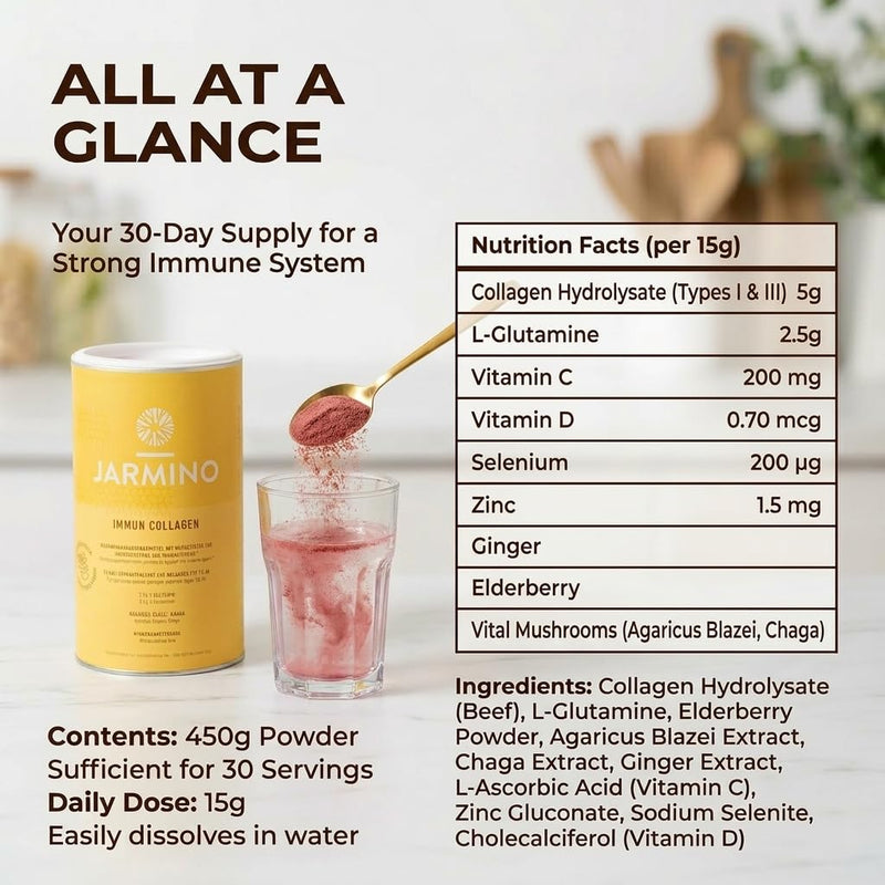 Collagen Powder with L-Glutamine - Strengthen Immune System | Vitamin C, D, Selenium, Zinc, Ginger, Elderberry, Vital Mushrooms | 450g Strengthen Immune System Glutamine Powder | JARMINO