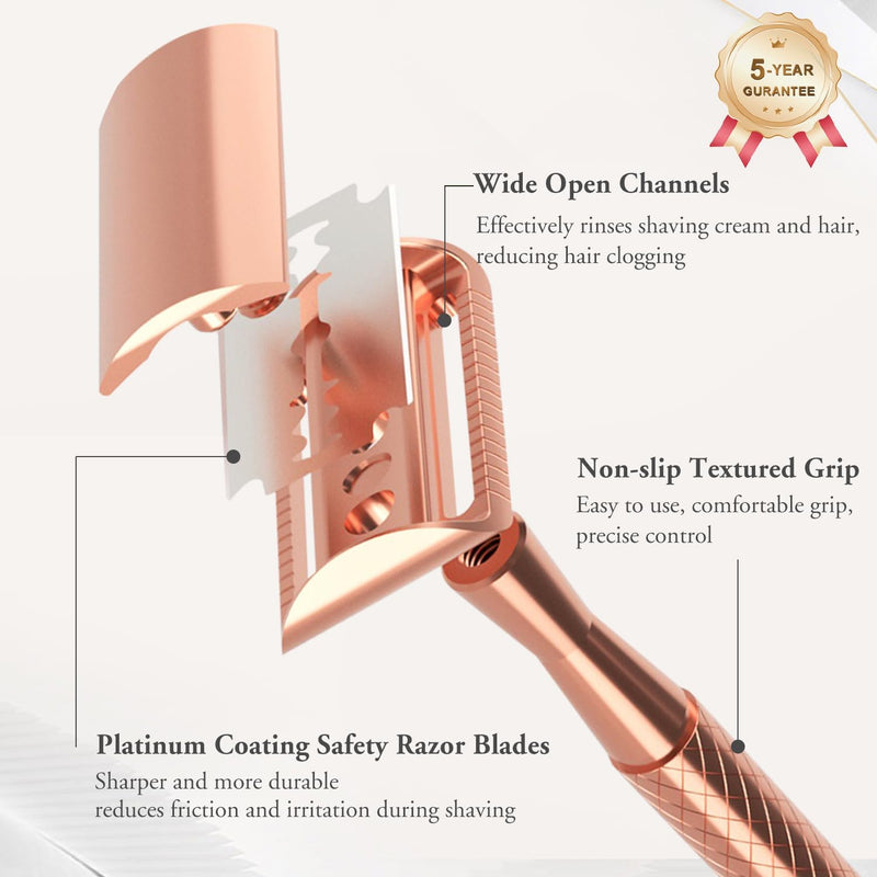 Rose Gold Safety Razor with Stand - Single Blade Razors for Women - Reusable Metal Razor, with 10 Double Edge Blades, Smooth & Close Shave Rose Gold Razor with Stand