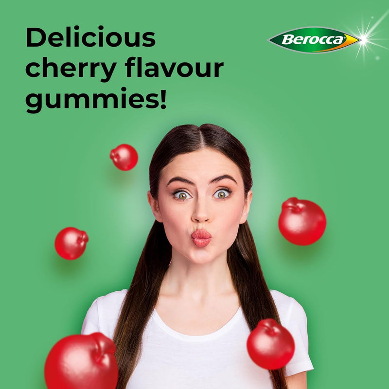 Berocca Multi-Action Multivitamin Gummies - Including Vitamin D, C, A, B-Complex (B1, B2, B3, B6, B7 & B12), E - Supplement for Women, Men and Kids - 60 Gummies x 3 Pack- Cherry Flavour 1 count (Pack of 180)