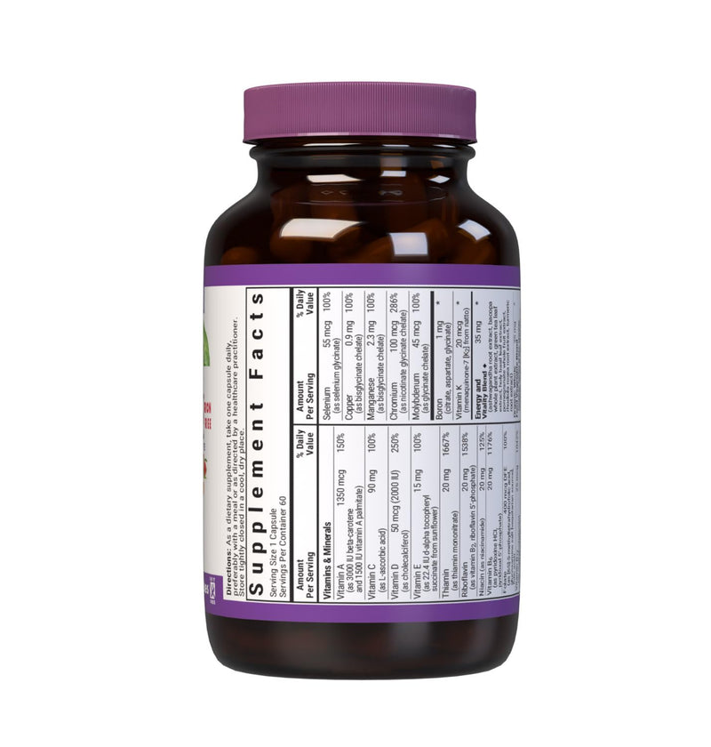 Bluebonnet Nutrition Maxi One (Iron-Free), Whole Food Multiple, Enzymes, Energy, Vitality, Gluten-Free, Kosher, Dairy-Free, Vegetarian Friendly, Soy-Free, Non-GMO, 60 Vegetable Capsule, 2 Month Supply | Energy; Non-GMO, Vegetarian, Kosher