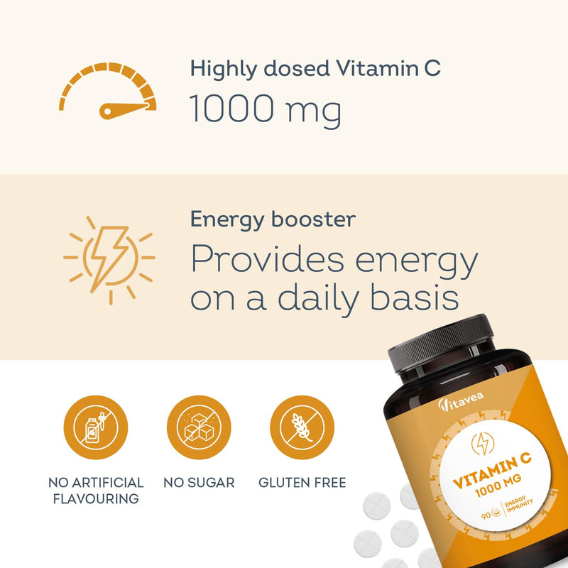 Vitamin C 1000mg – High-Strength Chewable Tablets for Energy, Immune System Support & Fatigue Reduction – Natural Orange Flavour - 3-Month Supply – Vegan - Vitavea