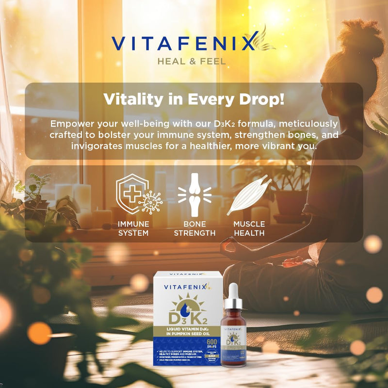 Vitafenix Vitamin D3 1000iu + K2 Mk7 11,25ug - Vitamin D3K2 Drops with Pumpkin Seed Oil (Cold Pressed) for Bladder, Prostate - 30 ml 600 Drops High Strength Vegan Formula 1
