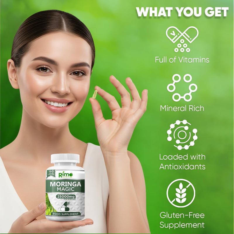 Rosabella Moringa 6-Month Supply | 180 High-Strength Rosabella Moringa Capsules 25000 mg Equivalent Pure Potent Leaf Extract – Vegan, Non-GMO, Gluten-Free, No Additives – Lab-Tested