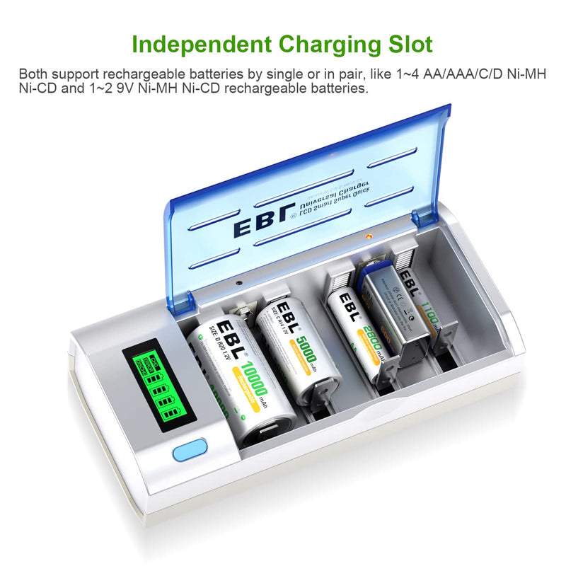 EBL 906 Smart Charger for AA AAA C D 9V Rechargeable Batteries with 4 Pieces 5000mAh C Rechargeable Batteries