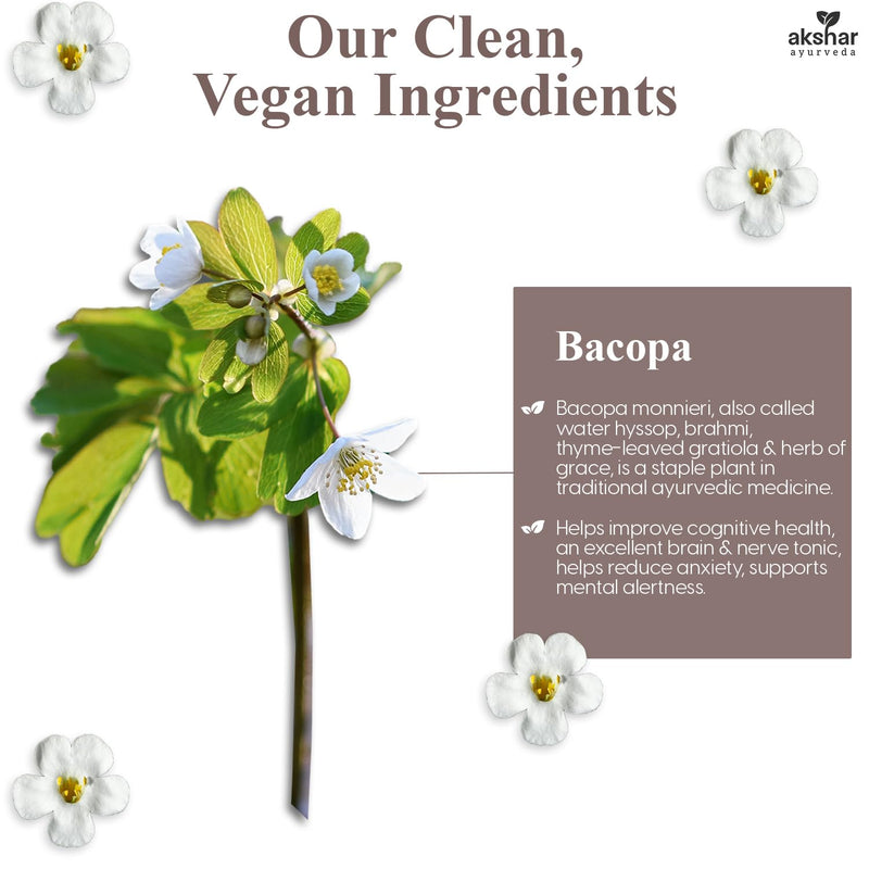 [Australia] - AKSHAR Ayurveda - Bacopa 500mg Brahmi Supplement, Rejuvenate System, Bacopa Pills to Support Cognitive Function for Adults, Vegan Cruelty Free Bacopa Monnieri (60 Count) 
