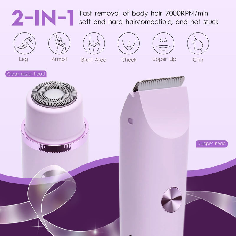 [Australia] - 2025 Upgraded Dermave Bikini Shaver - 2 in 1 Bikini Trimmer for Women with LCD Display, Dual Head Cordless Electric Shaver, IPX7 Waterproof Wet/Dry Body Hair Trimmer for Face,Purple 