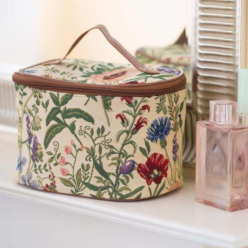 Signare Tapestry Toiletry Bag Makeup Organizer bag for Women with Sunflower Poppy Butterfly Dragonfly Morning Garden Design (TOIL-MGD)