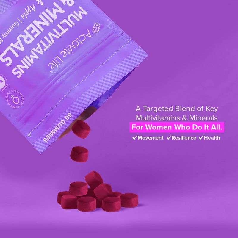 Actovite Multivitamin Gummies for Active Women | Movement + Immunity + Health | Targeted Blend: B-Complex Vitamin C/D/K Biotin Zinc | Multivitamins & Minerals | 60 x Vegan Berry & Apple Soft Gummies