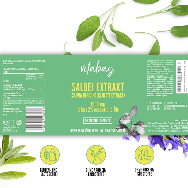 [Australia] - Vitabay Sage Extract 1900 mg - 90 VEGAN Sage Capsules High Dose - Sage Tablets Made from Leaf Extract (Salvia officinalis, 2% Essential Oils) - Sage Capsules as Extract 10:1 54 g (Pack of 1) 