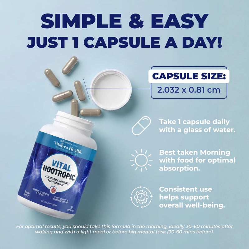 VITAL NUTRITIVE Nootropic 12in1 Brain Supplement for Memory, Focus & Energy | 12-in-1 with L-Tyrosine, Bacopa, Rhodiola, Caffeine & B Vitamins, Cognitive Balance, Men & Women, 30 Day Supply