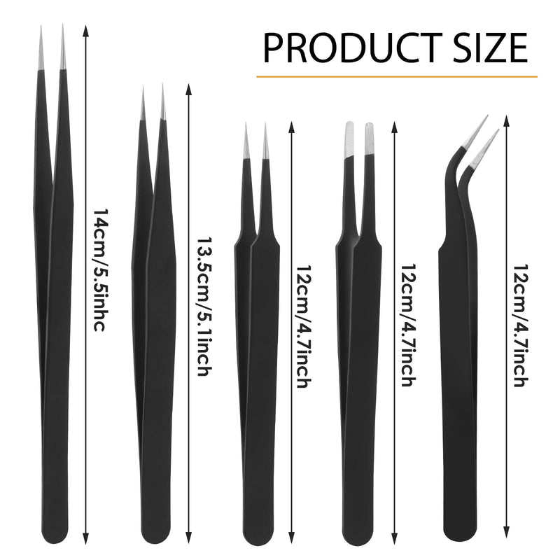 [Australia] - Tweezers Set, 5 Pieces Bead Tweezers 5 Models Stainless Steel Tweezers Anti-Static Precision Tweezers Set for Jewelry Making, DIY Crafts, Electronic Repairs, Manicure Tools (Black) 