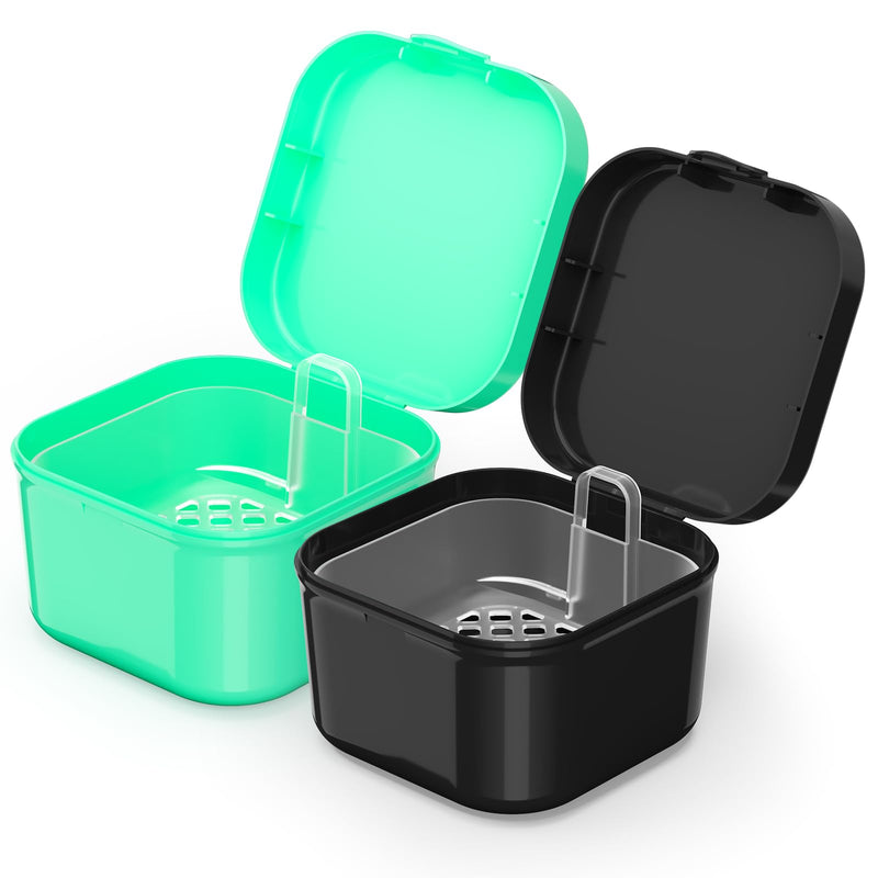 2 Pack Denture Cups for Soaking Dentures, Colorful Denture Bath Case with Brush, Denture Cup Soaking Holder False Teeth Container Mouth Guard Storage Case Cleaning Black+Blue