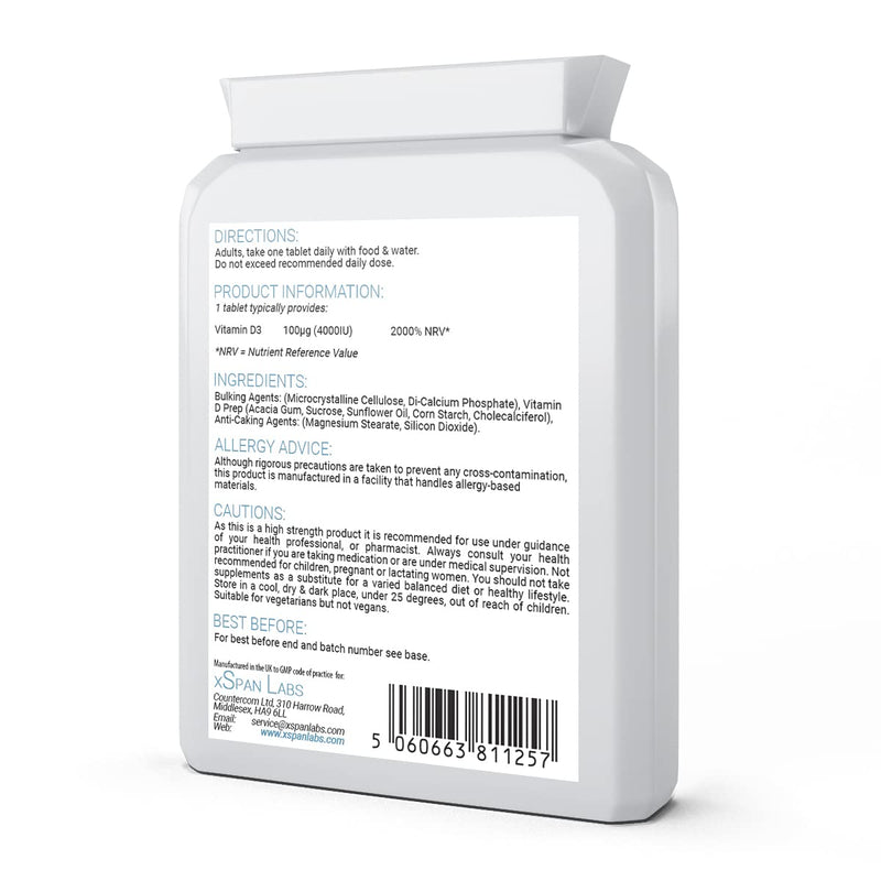 Vitamin D Tablets 4000 IU - Vegetarian Vitamin D3 4000 IU - 365 one-a-Day Easy to Swallow High Strength Micro Tablets - Supports The Immune System and Bone Health - Made in The UK