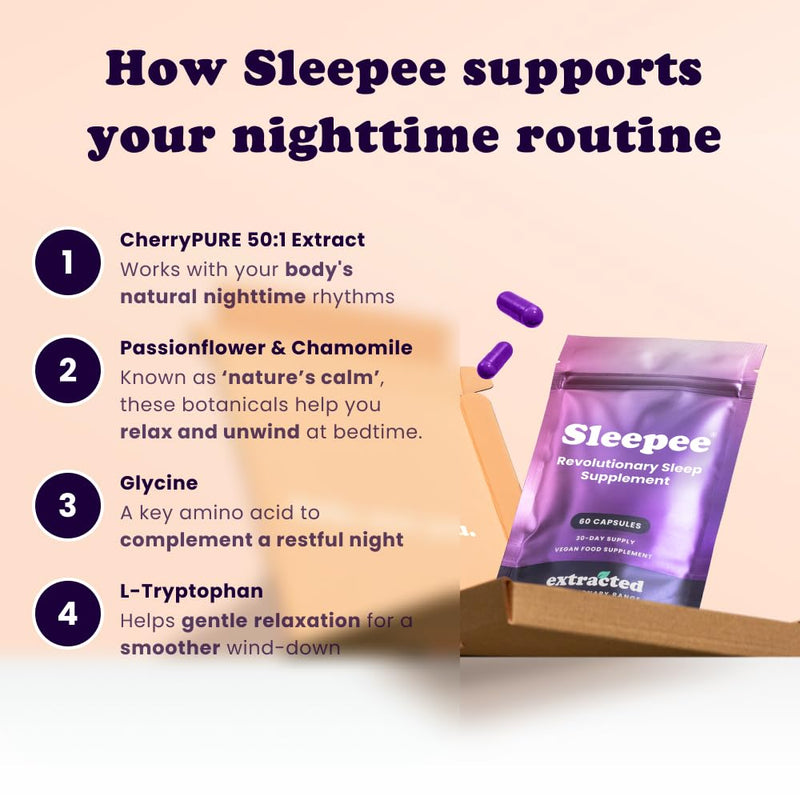 Sleepee Natural Nighttime Sleep Support - with Montmorency Cherry, Lemon Balm, L-Tryptophan & Magnesium - 60 Vegan Capsules, UK-Made 60 count (Pack of 1)