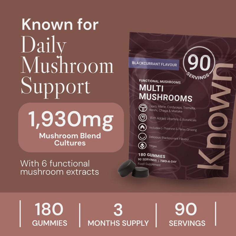 Known Multi Mushroom Gummies 1,930mg/Serving – Blackcurrant Flavour – Lions Mane, Reishi, Cordyceps – Brain & Focus, Immune Support – 180 Gummies, 3 Month Supply – Value Pack – Vegan Supplement Original Strength 1930mg Pouch