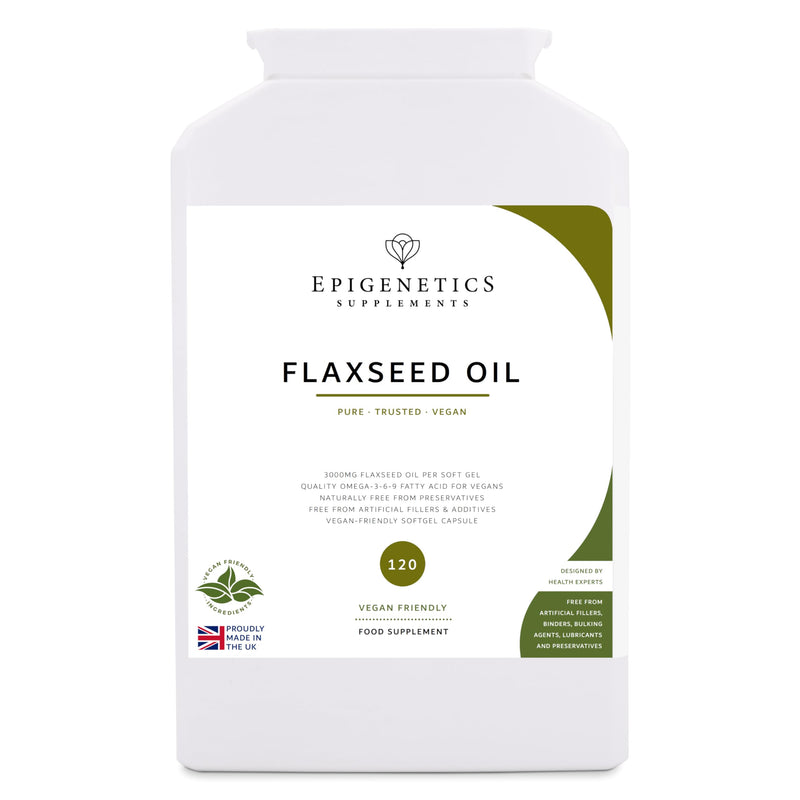 Flaxseed Oil 3000mg | Organic Flax Seed (Linum Usitatissimum) | 120 Vegan Friendly Softgel Capsules UK Made | 1.3 Months Supply by Epigenetics Supplements
