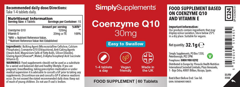 Co Enzyme Q10 30mg | 2 Tubs of 60 Tablets (120 Total) | Convenient Daily CoQ10 Support | High Purity Ingredients | Made in The UK Unflavoured 60 count (Pack of 2)