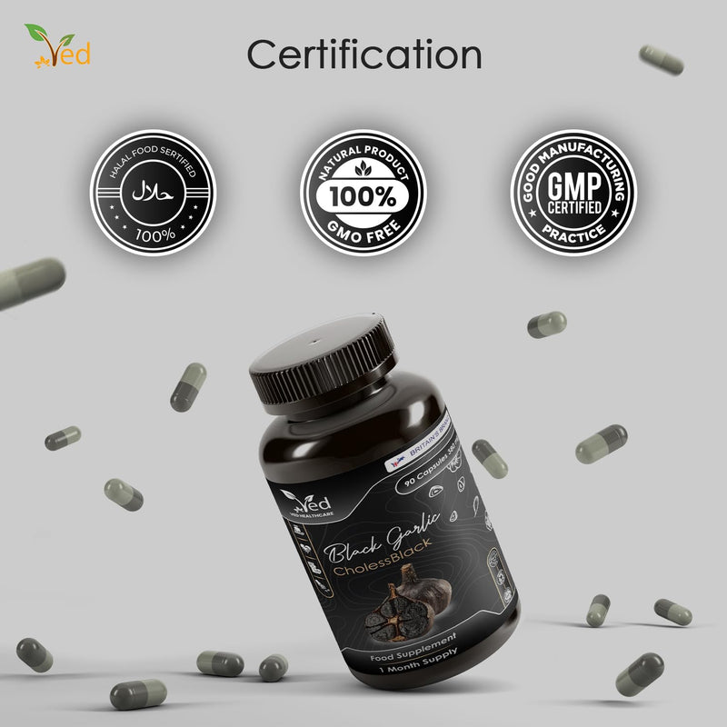 VED CholessBlack, 90 Capsules, Fermented & Odorless Black Garlic Supplement with White & Red Hawthorn, Wild & Lemon Balm Leaf, Non-GMO, Halal, 3 Capsules per Day