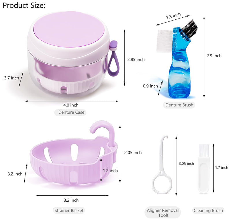 [Australia] - Denture Case with Strainer and Mirror, Leak Proof Denture Bath Cup for Travel, Purple Denture Container Cups for Soaking Full & Partial Dentures, Retainers with Denture Brush, Aligner Removal Tool 