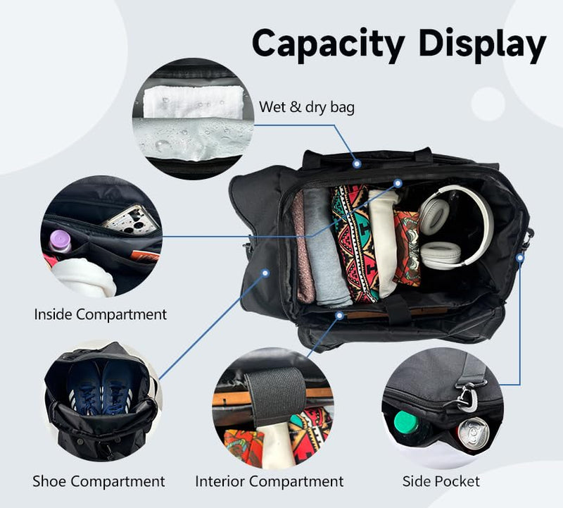 SSZYace Black Travel Bag, Waterproof Duffel Bag with Separate Shoe Compartment, Laptop Sleeve, Luggage Strap & Front Waterproof Pocket for Wet Clothes