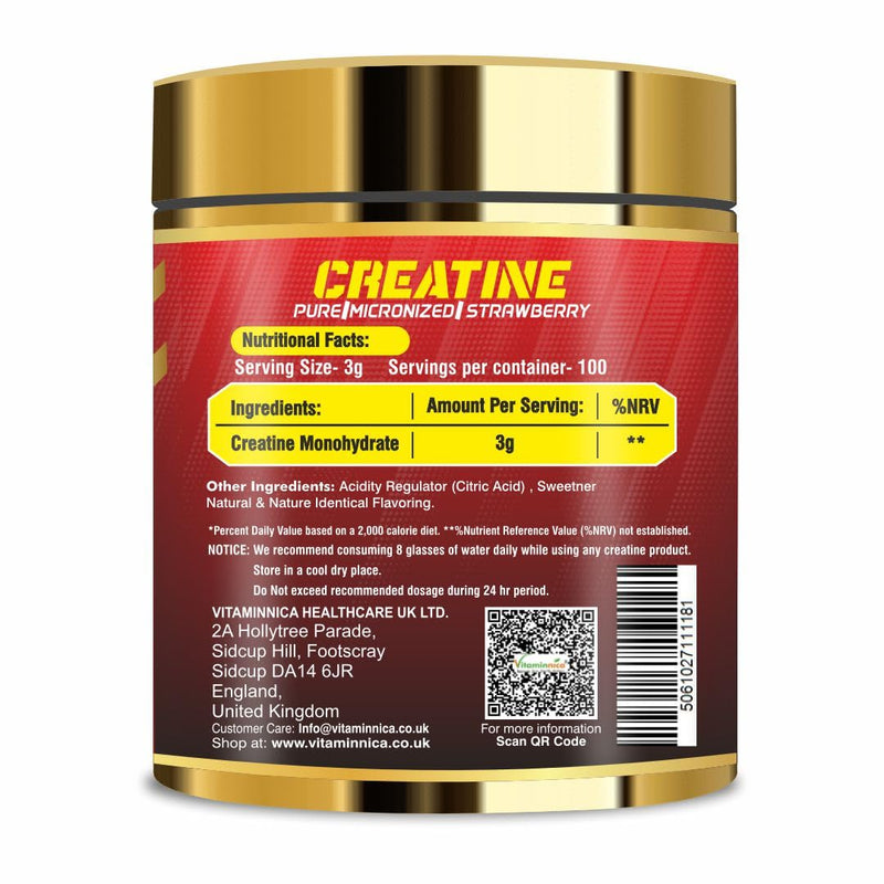 Vitaminnica Micronized Creatine Powder, 100% Pure Creatine Monohydrate Powder for Performance and Muscle Power | 100 Servings, 300 g (300g, Strawberry) 300g