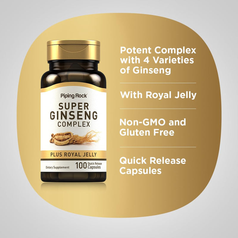 Piping Rock Ginseng Supplement | 100 Complex Capsules | with Royal Jelly | Non-GMO and Gluten Free Supplement