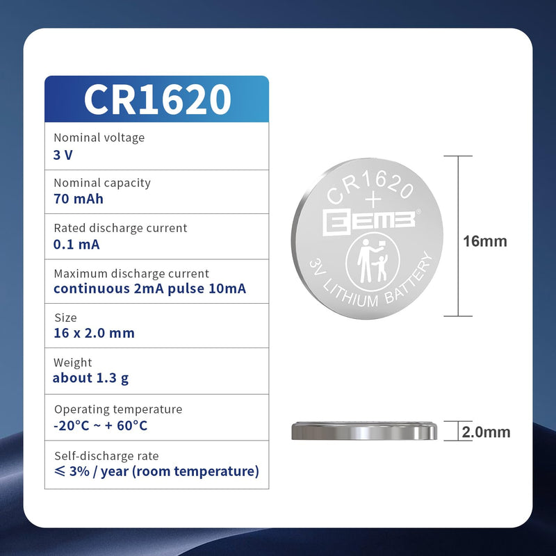 [Australia] - EEMB CR1620 Battery 5 Pack CR1620 3V Lithium Battery Button Coin Cell Batteries 1620 Battery 70mAh ECR1620, DL1620 for Watch, Key Fob, Calculator, Mobile Game, Toys 