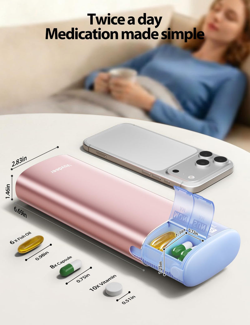 Vaydeer Metal 7 Day Travel Pill Organizer 2 Times a Day, Built-in Desiccant | AM PM weekly Travel Pill Case, Twice-Daily，Airtight Large Capacity Pill Box for Vitamins, Medication, Supplements & Fish Oil Rose Gold Standard Size