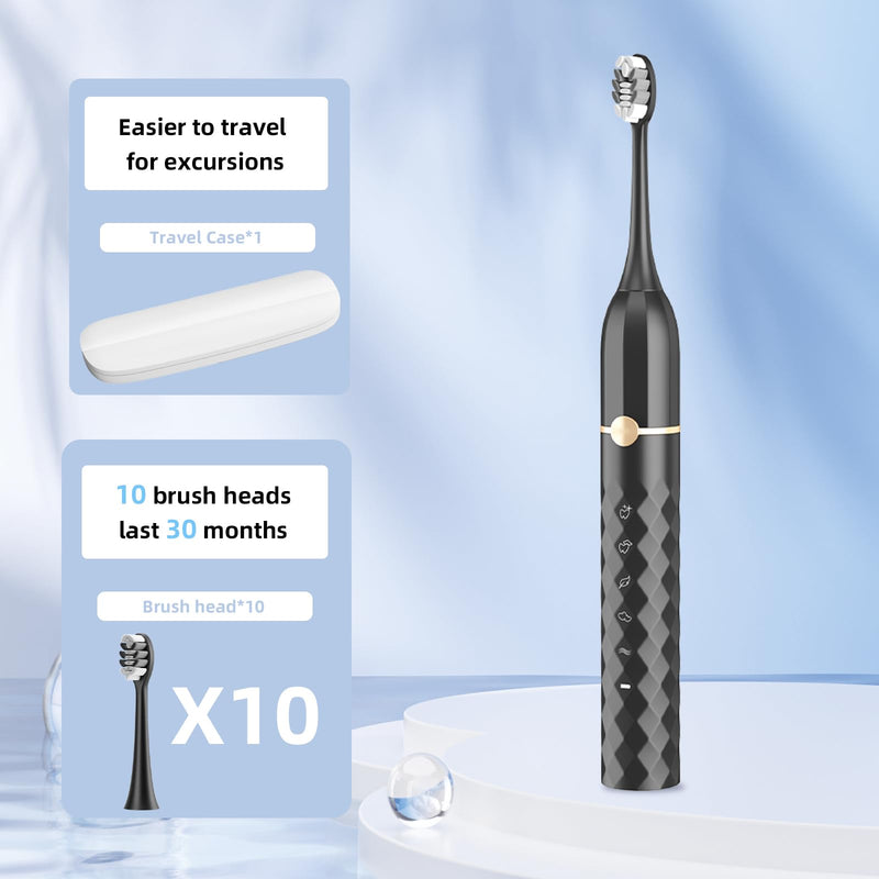 [Australia] - Electric Toothbrush Set, Equipped with 10 Brush Heads and Travel case, IPX8 Waterproof, 2-Minute Timer, 42000 high-Frequency Vibrations, 5 Modes, The First Choice for Gift Giving Black 