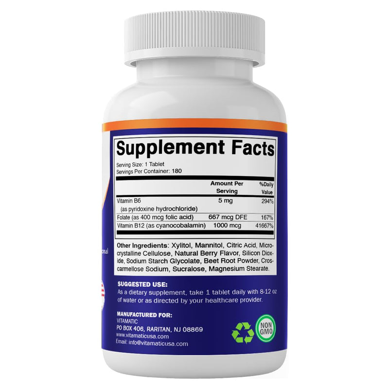 Vitamatic Folic Acid, Vitamin B12 & B6 – 180 Fast Dissolve Tablets Heart Health, Energy Production & Red Blood Cell Support