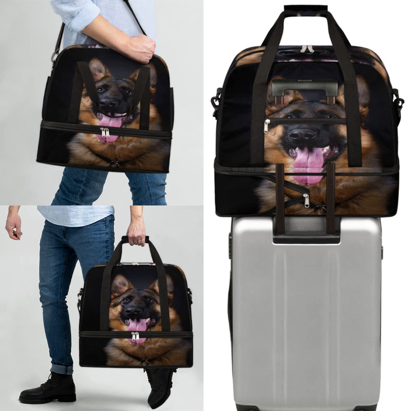 Dog German Shepherd Foldable Travel Duffel Bag Tote, Dog Animal Pattern Lightweight Luggage Sports Gym Bag with Shoes Compartment Weekender Overnight Bag for Women & Men Color 2