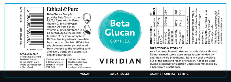 Beta Glucan 250mg (Plus Vitamin C, D3 & Zinc) - 30 Veg Caps