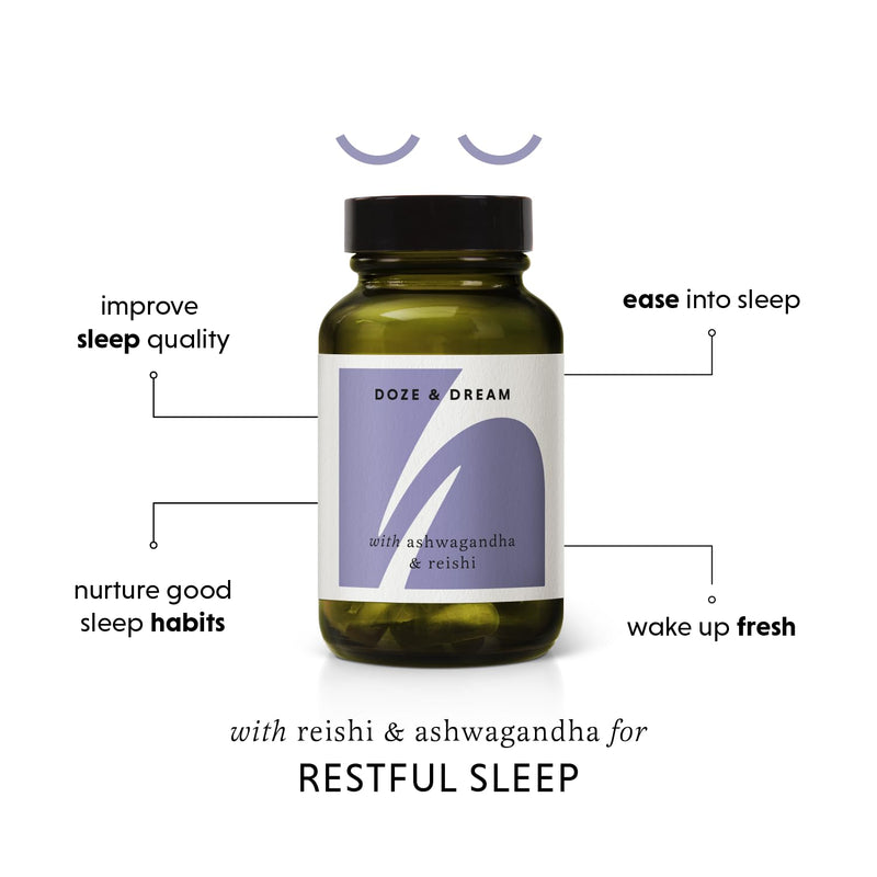 Ashwagandha & Reishi Sleep Supplement – Doze & Dream 60 Capsule Jar - Ashwagandha Capsules High Strength - Reishi Mushroom Capsules - Natural Herbal Sleep Support Tablets for Adults