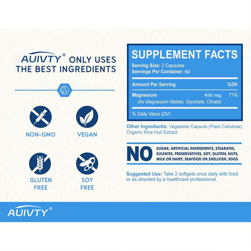 5-in-1 Magnesium Complex 450 mg, High Absorption Magnesium Glycinate, Malate & Citrate with Vitamin B6, Muscle, Nerve & Relaxation Support, 120 Veggie Capsules